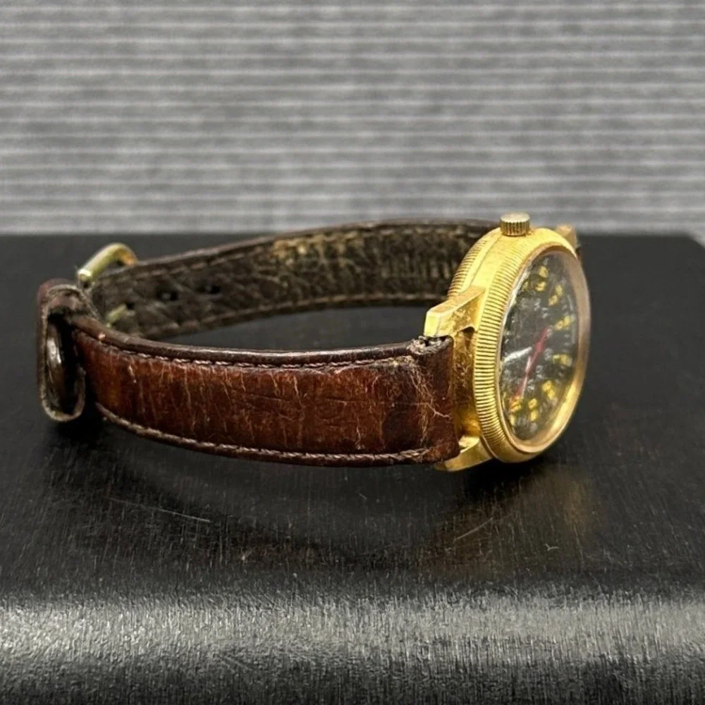 Vintage Military Field Watch Gold Tone Black Dial Japan Movt Brown Leather Strap